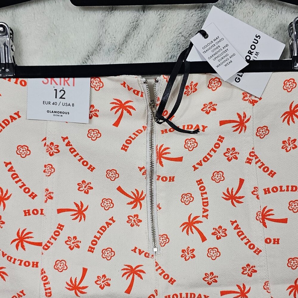 Glamorous Denim US Sz 8 Medium Holiday Print White Denim High Waist Mini Skirt P - Picture 7 of 11